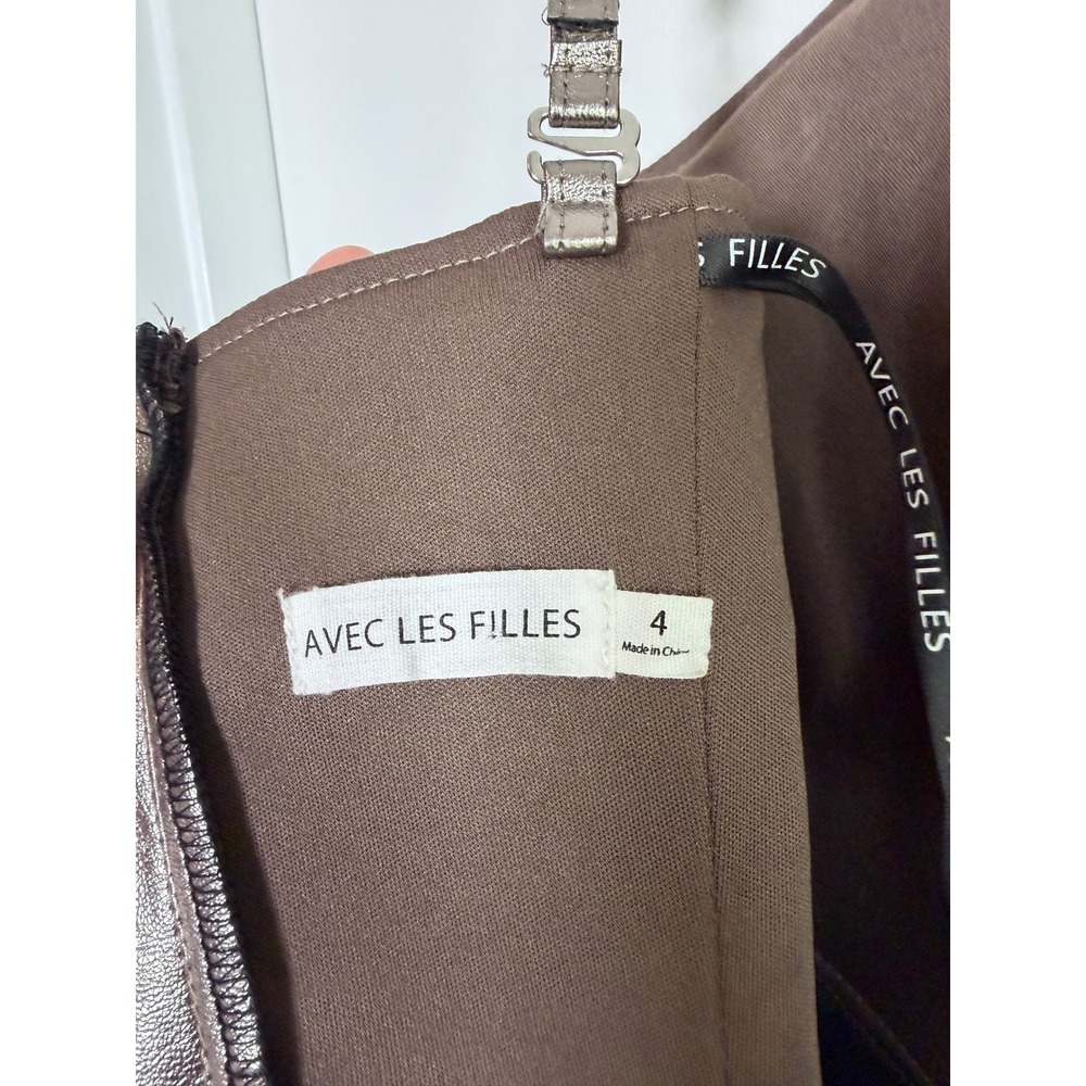 Avec Les Filles Metallic Faux Leather Midi Dress SilverBronze Square Neck Size 4 - Picture 10 of 11